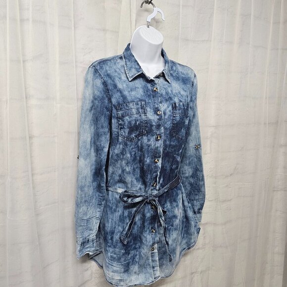 Dizzy Lizzy Blue Chambray Tie Dye Button Down Tunic Blouse Belted Grunge M - Picture 4 of 12